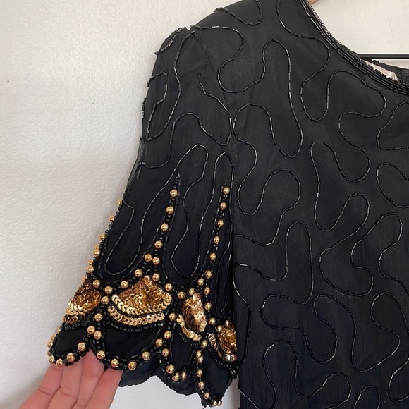 Laurence Kazar | Vintage VTG 100% Silk Fully Beaded Art Deco 80's Cocktail Dress - Picture 5 of 9